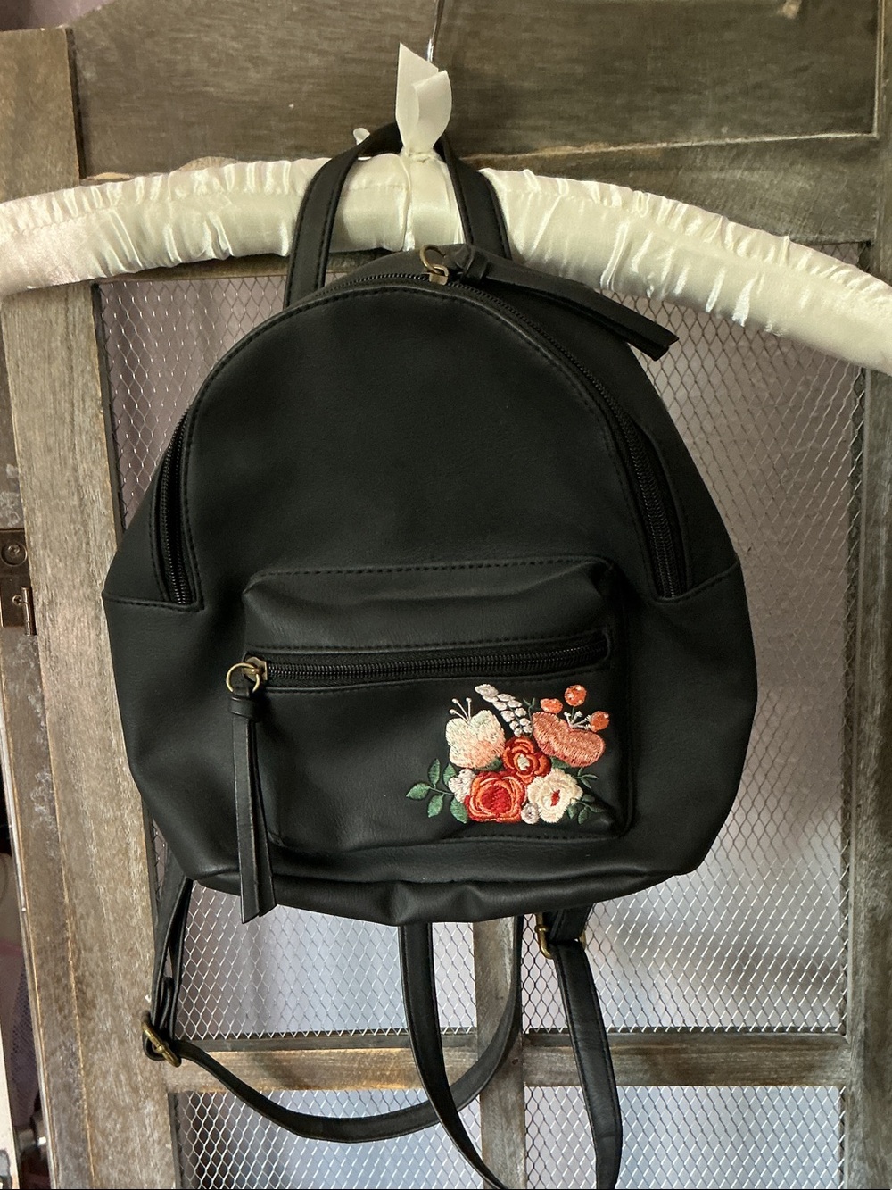 Embroidered Black Mini Backpack with Floral Detail